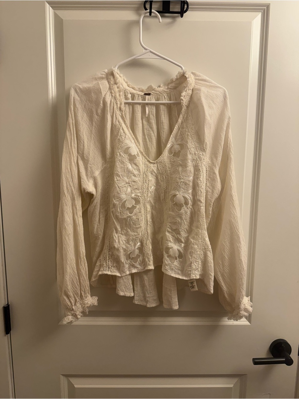 Free People Sivan Embroidered Blouse Cream Floral Embroidered V-Neck Peasant Top